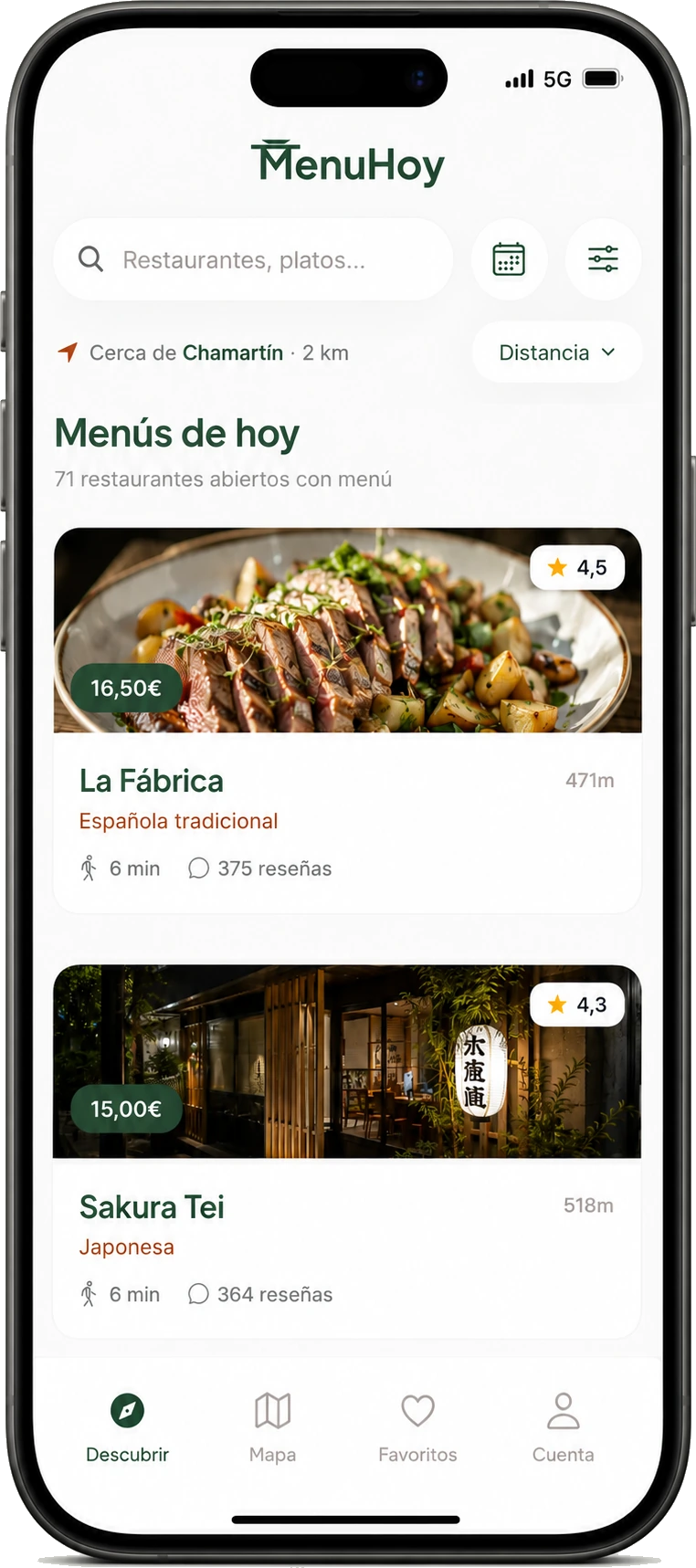 Lista de restaurantes de MenuHoy con valoración, distancia y precio del menú del día